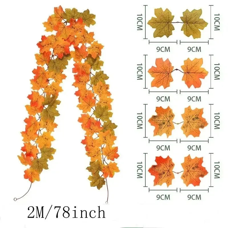 200CM Autumn Artificial Maple Leaf Wreath Fake Leaf Plant Vine Home Decor Garden Halloween Wall Outdoor Doors Windows Decoration
