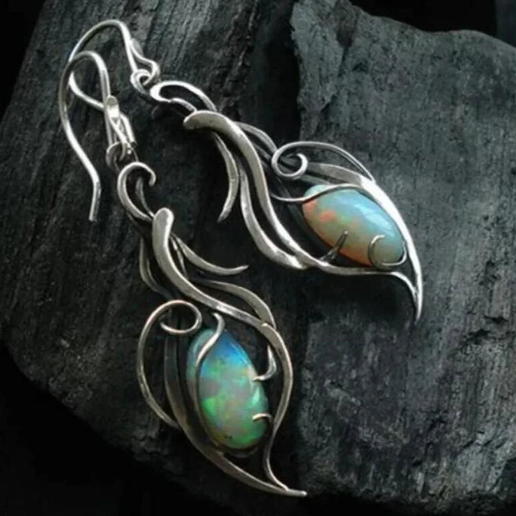1 Pair of Silver Color Bohemian Opal Pendant Earrings, Elegant Jewelry Suitable for Festivals and Special Occasions