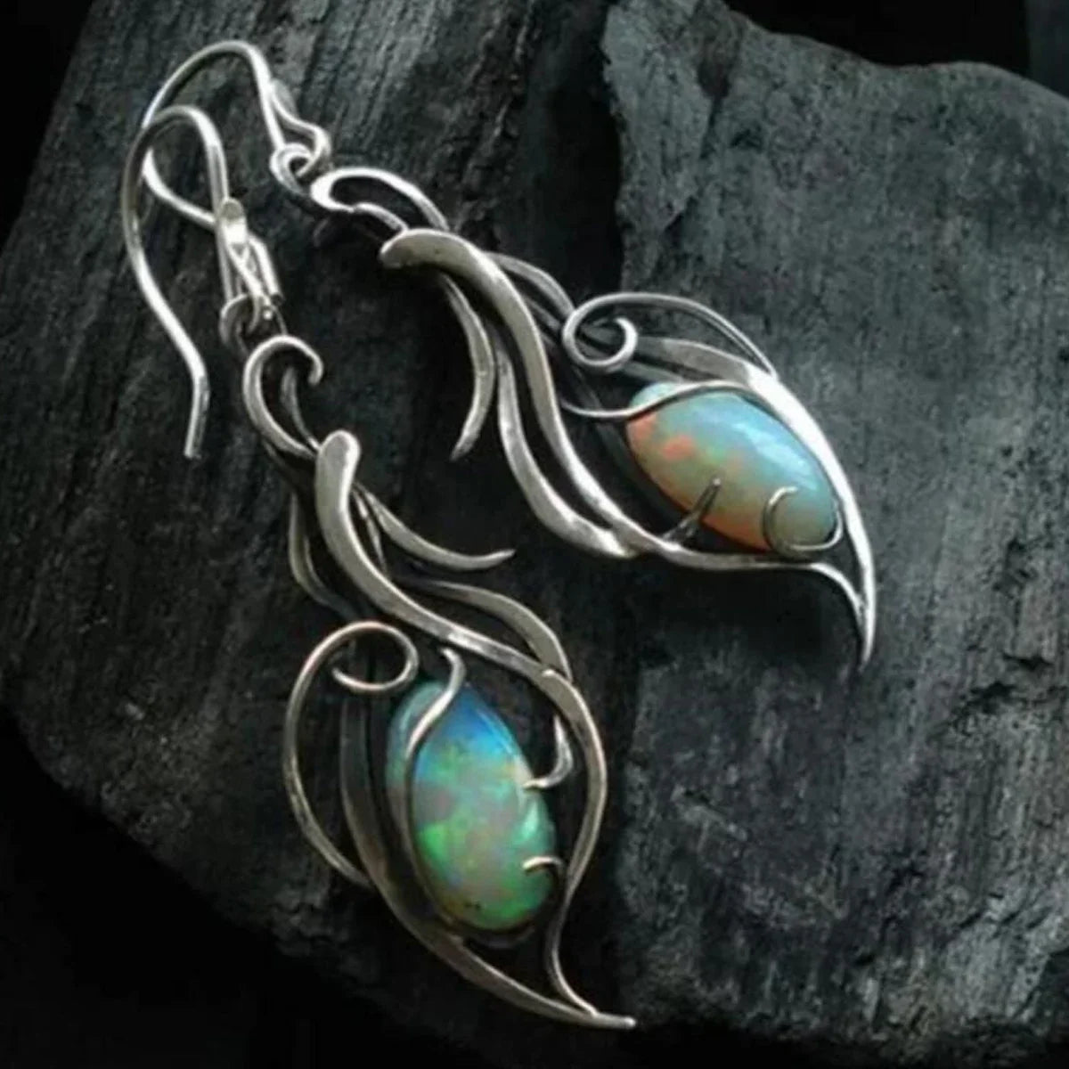 1 Pair of Silver Color Bohemian Opal Pendant Earrings, Elegant Jewelry Suitable for Festivals and Special Occasions