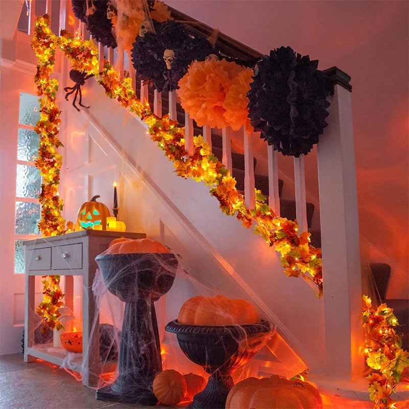 200CM Autumn Artificial Maple Leaf Wreath Fake Leaf Plant Vine Home Decor Garden Halloween Wall Outdoor Doors Windows Decoration