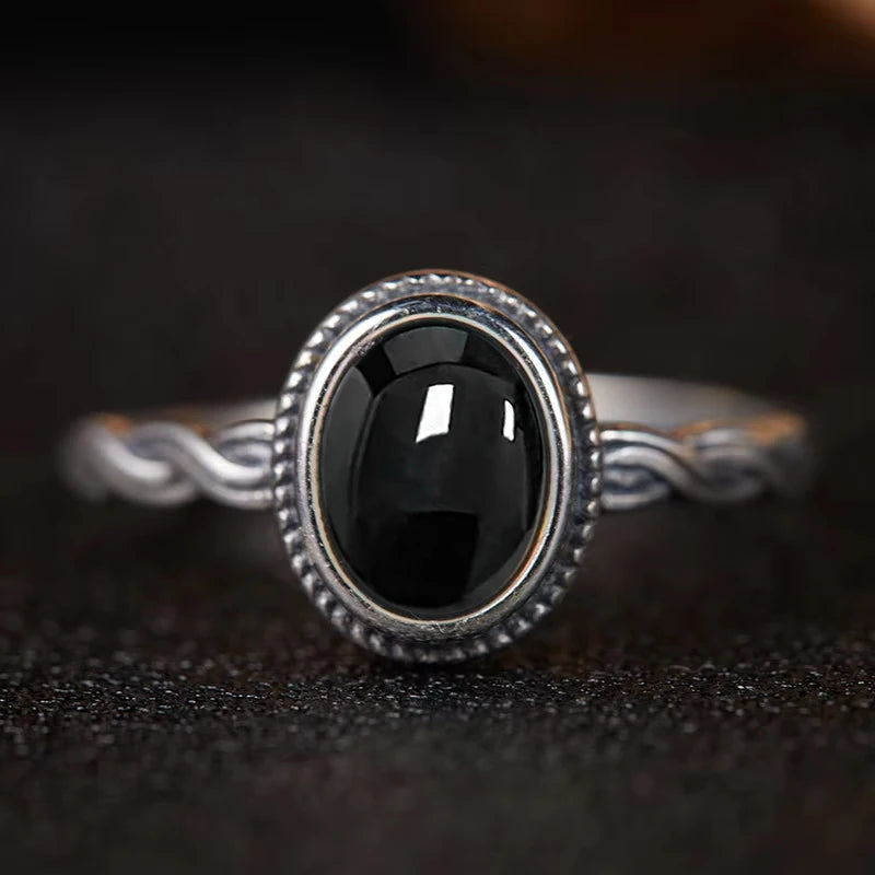 Vintage 925 Silver Ring Natural Black Onyx Ring Circular Denier Type Horse Eye Design Gift Fine Jewelry Black Ring For Men Women