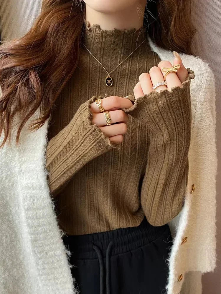 New Women's Autumn and Winter Solid Color Ruffled Semi-turtleneck Long-sleeved Knitted Sweater Casual Women's Knitted Pullovers