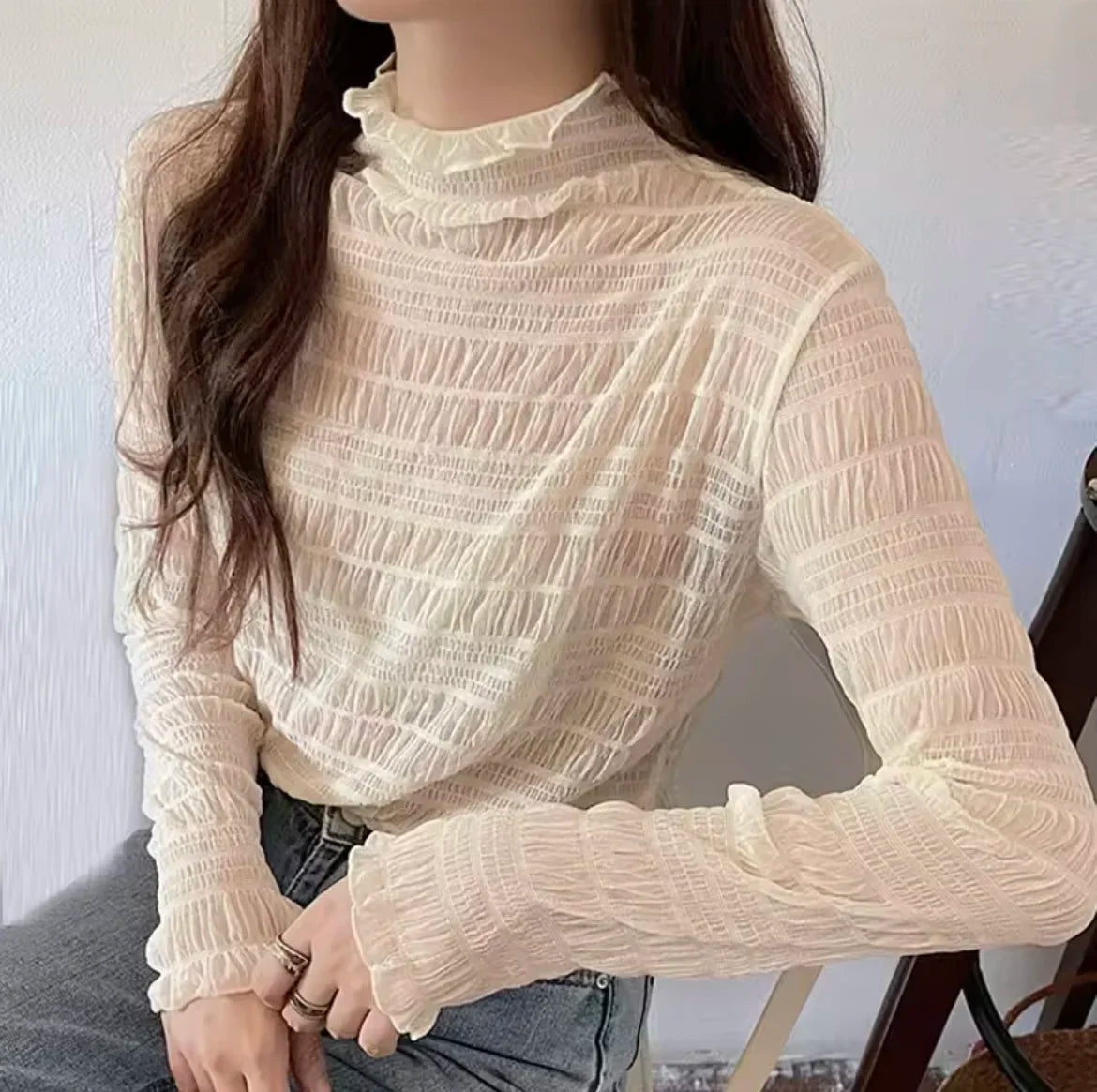 Sexy Lace Women Blouses Pullover Spring Autumn Thin Slim Fit T-Shirt Solid Turtleneck Long Sleeve See-though Mesh Sheer Tops