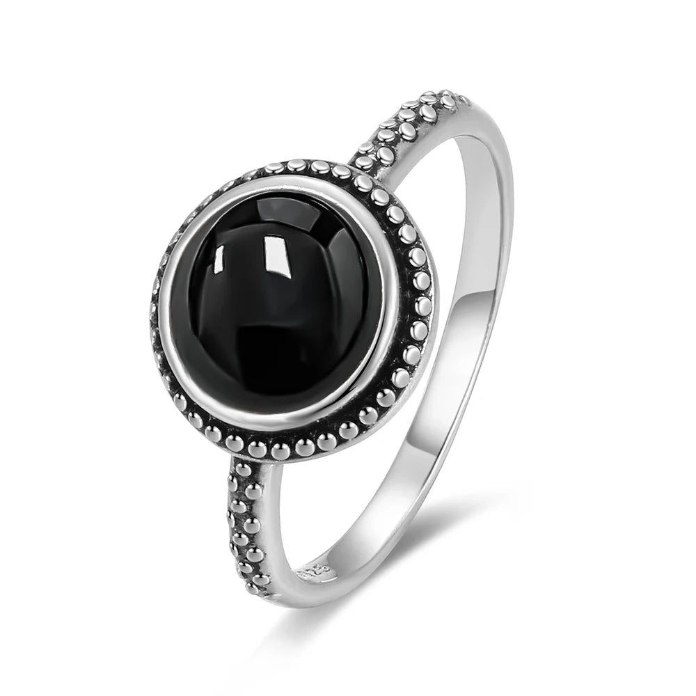 Vintage 925 Silver Ring Natural Black Onyx Ring Circular Denier Type Horse Eye Design Gift Fine Jewelry Black Ring For Men Women