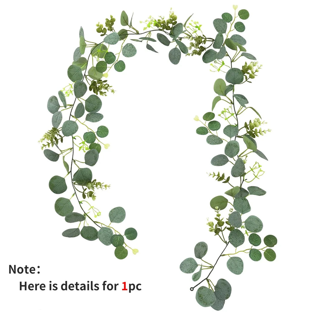 1pc Artificial Eucalyptus Leaves Greenery Garland Faux Plant Spring Vines With White Flowers Berries Wedding Home Party Decor