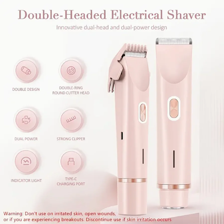 Two-in-one electric shaver for women - Wet and dry hair remover, suitable for face, eyebrows, legs and armpits - Portable bikini