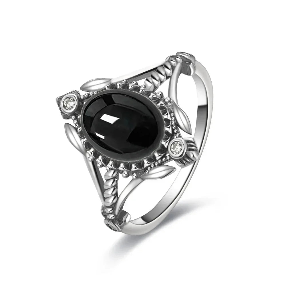 Vintage 925 Silver Ring Natural Black Onyx Ring Circular Denier Type Horse Eye Design Gift Fine Jewelry Black Ring For Men Women