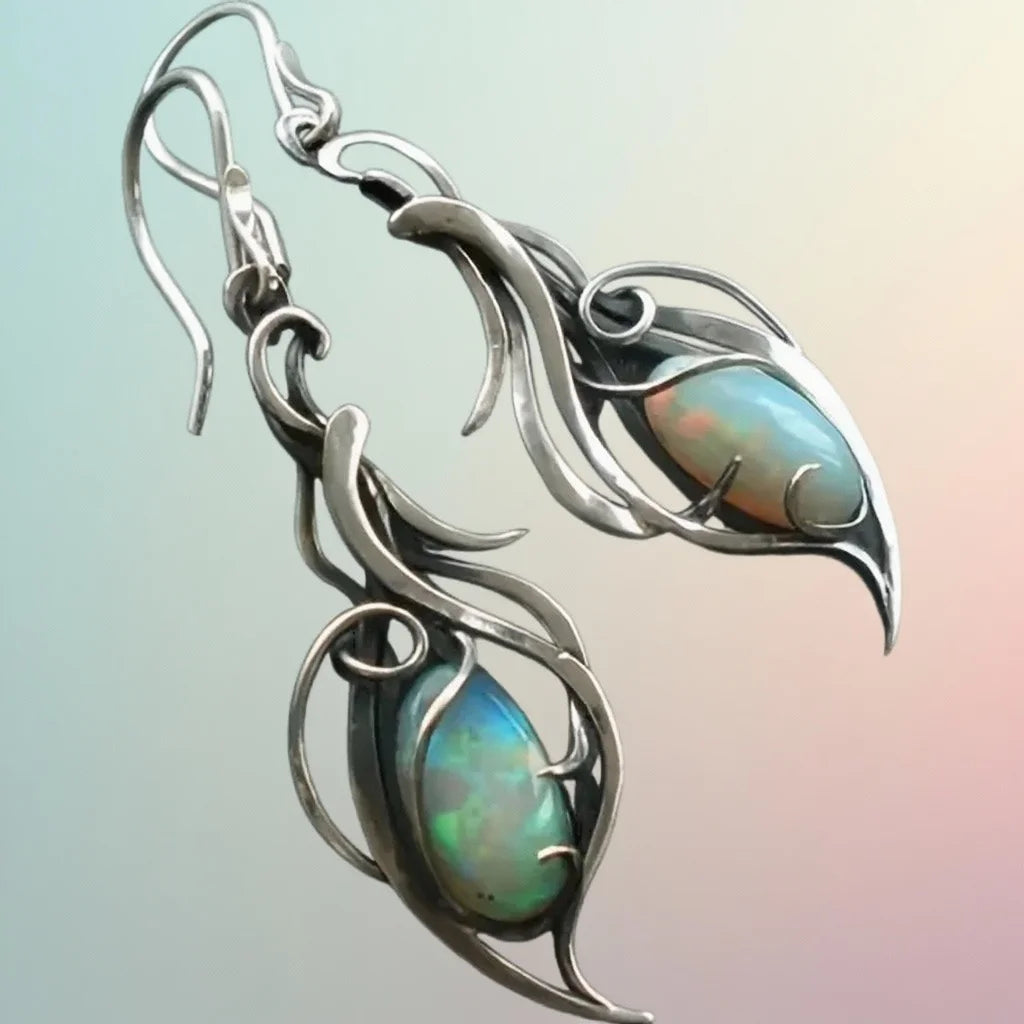 1 Pair of Silver Color Bohemian Opal Pendant Earrings, Elegant Jewelry Suitable for Festivals and Special Occasions