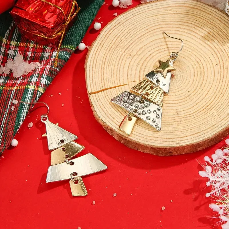 Gold and Silver Color Christmas Tree Earrings Metal Pendant Hoop Drop Earring For Women Ear Hook Fashion Party Accessories Gifts