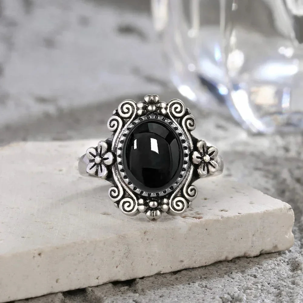 Vintage 925 Silver Ring Natural Black Onyx Ring Circular Denier Type Horse Eye Design Gift Fine Jewelry Black Ring For Men Women