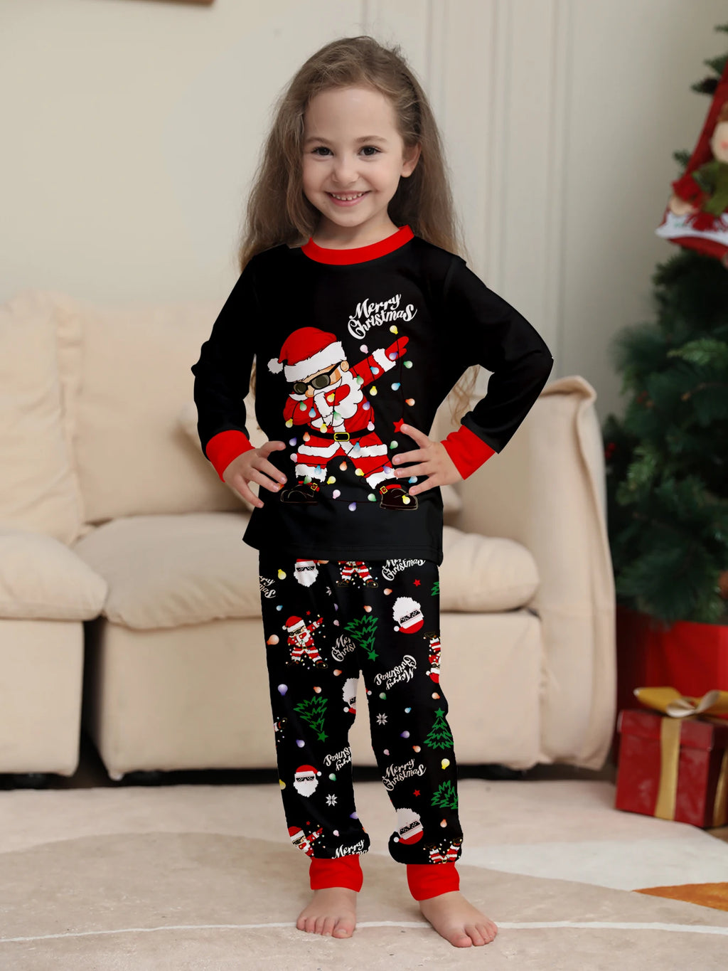 Family Matching Christmas Pajamas Set with Santa Claus Print, Festive Xmas Loungewear