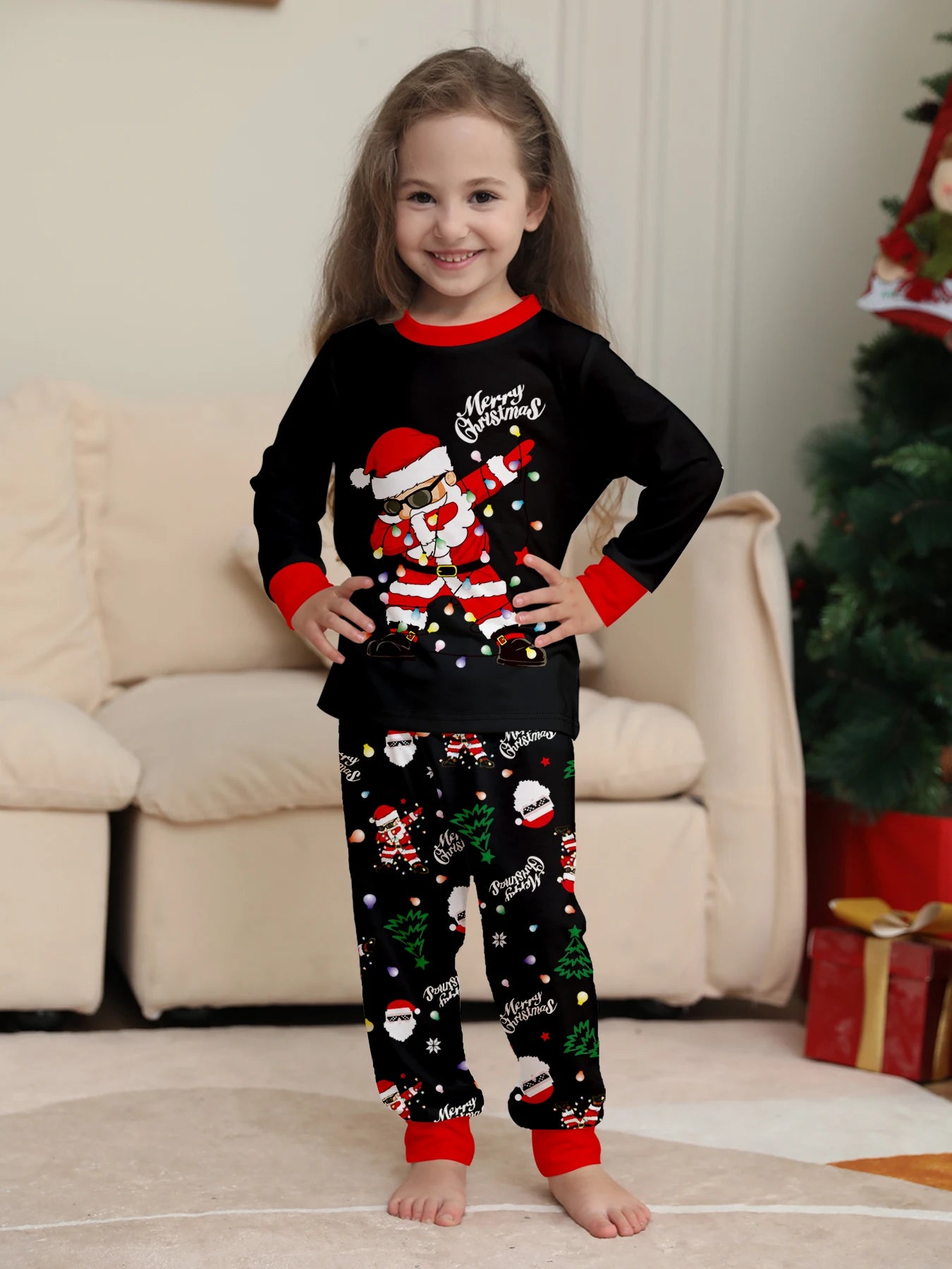Family Matching Christmas Pajamas Set with Santa Claus Print, Festive Xmas Loungewear