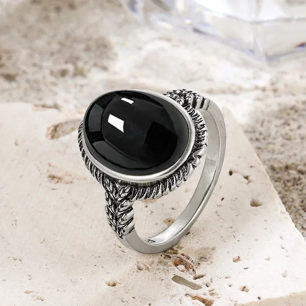 Vintage 925 Silver Ring Natural Black Onyx Ring Circular Denier Type Horse Eye Design Gift Fine Jewelry Black Ring For Men Women