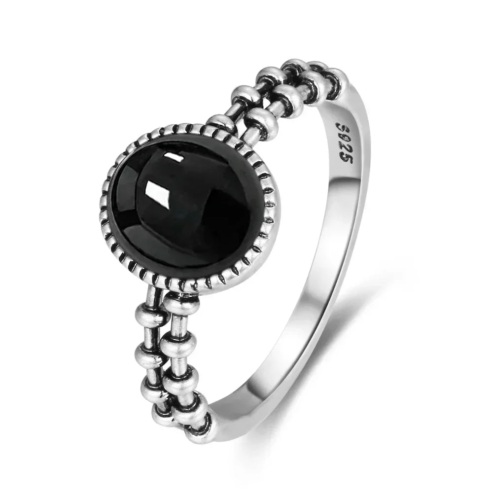Vintage 925 Silver Ring Natural Black Onyx Ring Circular Denier Type Horse Eye Design Gift Fine Jewelry Black Ring For Men Women