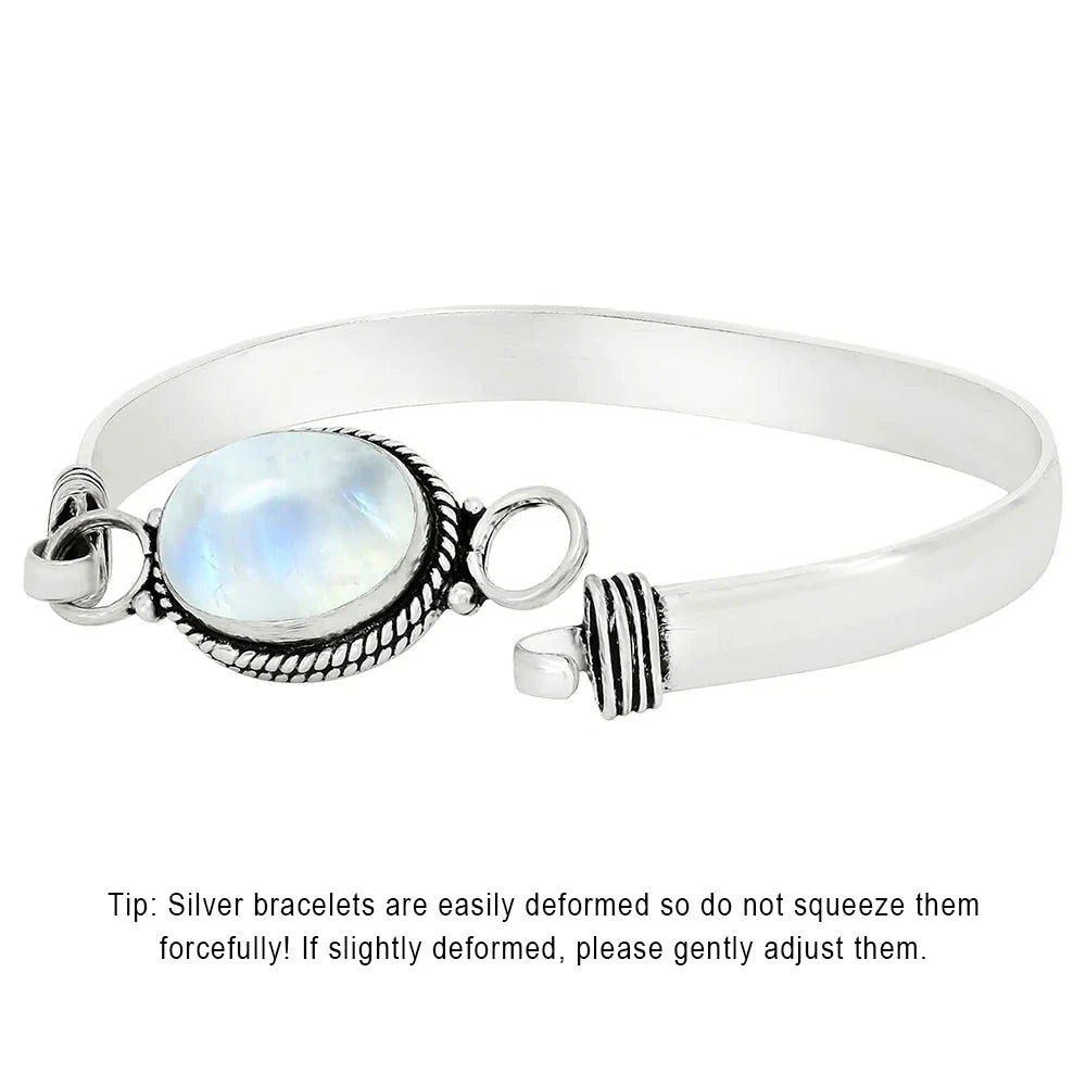Vintage 925 Silver Natural Oval Moonstone Bangle Bracelets Handmade Birthstone Bangle Gifts Fine Jewelry for Women Men