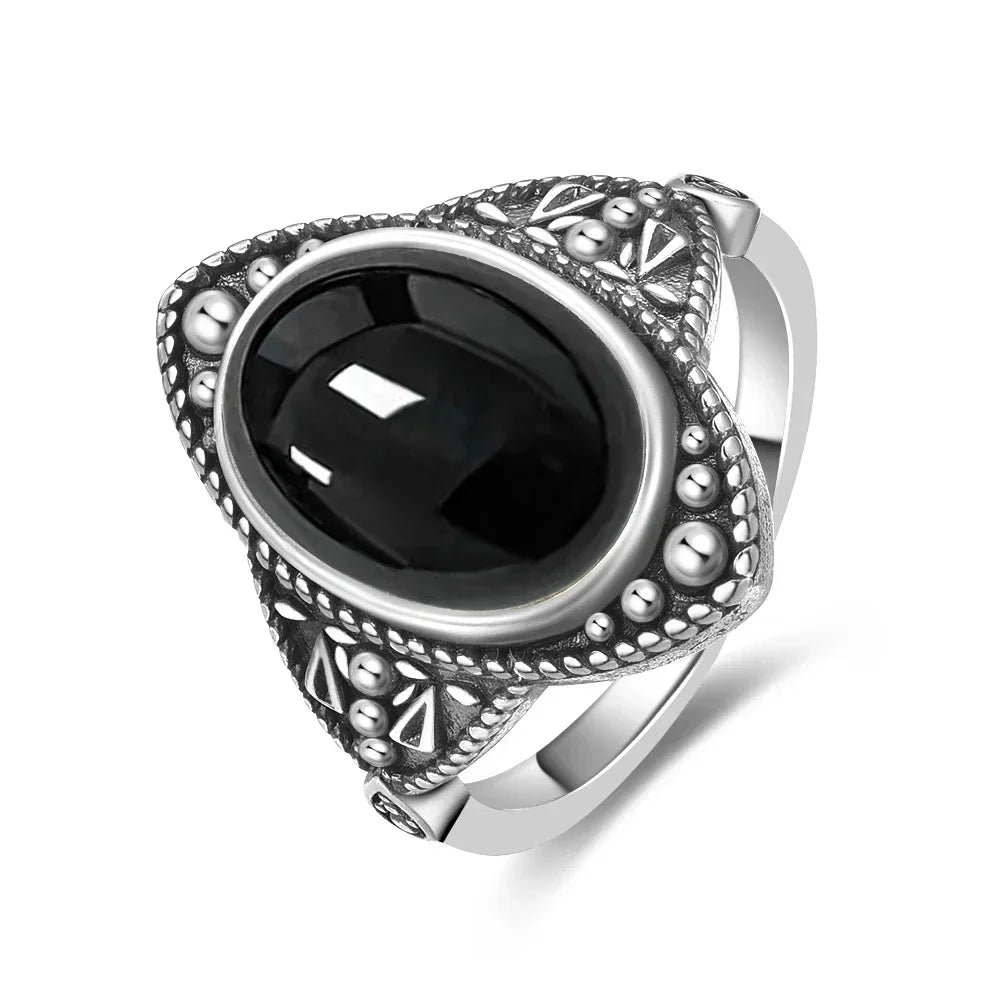 Vintage 925 Silver Ring Natural Black Onyx Ring Circular Denier Type Horse Eye Design Gift Fine Jewelry Black Ring For Men Women