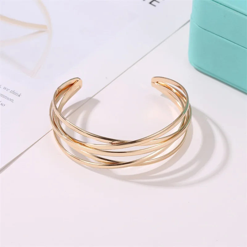 Punk Multilayer Metal Wires Strings Bracelets Bangles For Women Vintage Exaggerated Gold Color Wide Open Cuff Bangles Jewelry