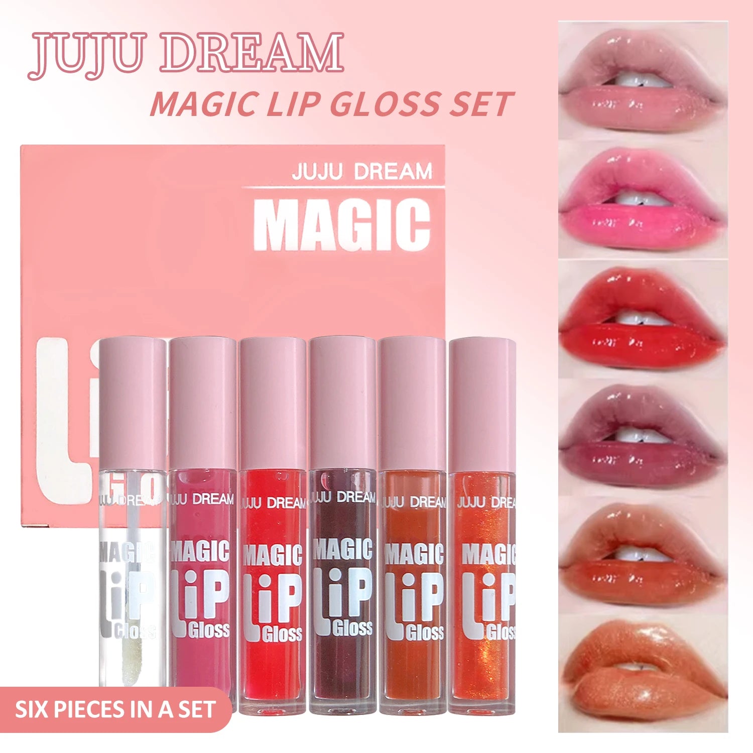 6 pcs Fine Sparkling Lip gloss set - Easy to color, non-stick，non-fading, moisturizing & shiny lip gloss set, a gift for ladies