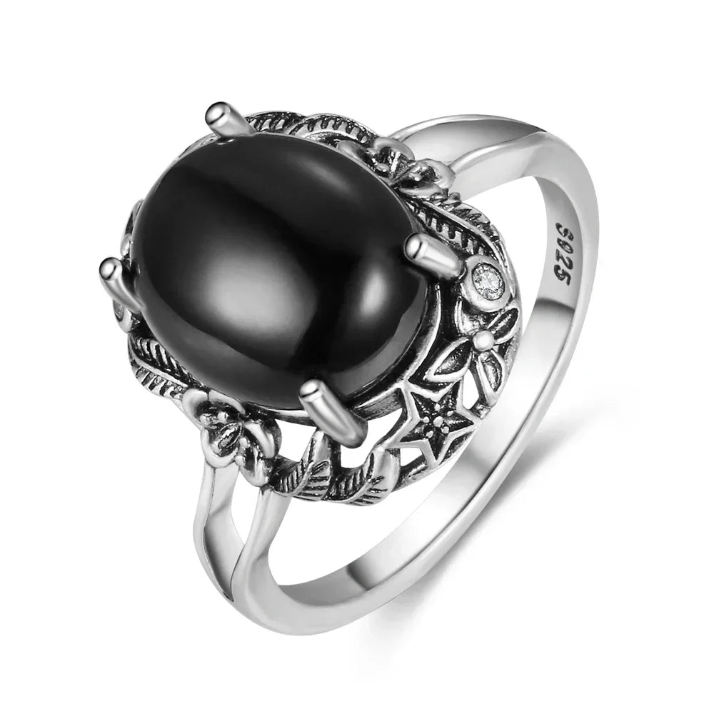 Vintage 925 Silver Ring Natural Black Onyx Ring Circular Denier Type Horse Eye Design Gift Fine Jewelry Black Ring For Men Women