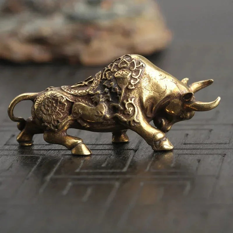 Brass Bullfighting Statue, Lucky Copper Animal Figurine, Wealth Bringing Miniature Ornament for Home & Office Desk Decor