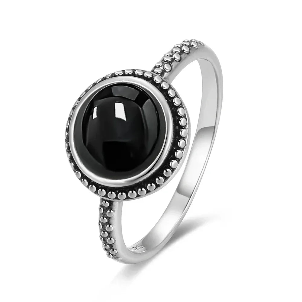 Vintage 925 Silver Ring Natural Black Onyx Ring Circular Denier Type Horse Eye Design Gift Fine Jewelry Black Ring For Men Women