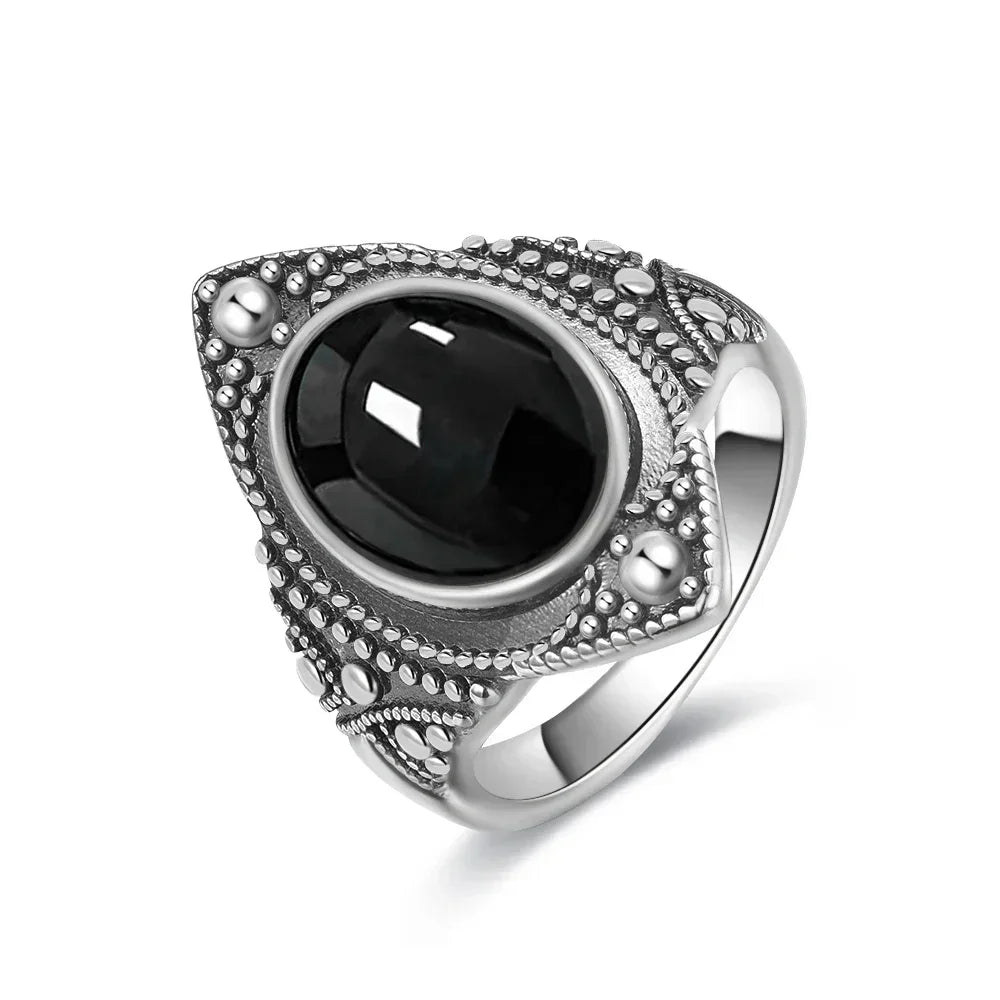 Vintage 925 Silver Ring Natural Black Onyx Ring Circular Denier Type Horse Eye Design Gift Fine Jewelry Black Ring For Men Women