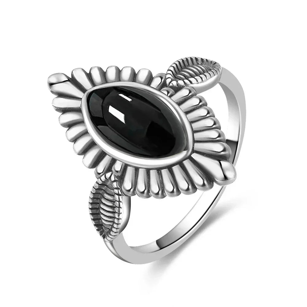 Vintage 925 Silver Ring Natural Black Onyx Ring Circular Denier Type Horse Eye Design Gift Fine Jewelry Black Ring For Men Women