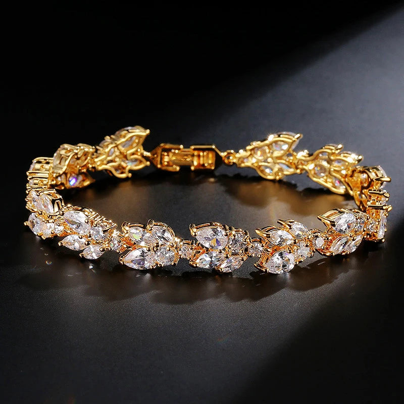 ZAKOL Luxury AAA Cubic Zirconia Wedding Bracelets for Women High Quality White Gold Color Leaf Charm Bracelet Bangles