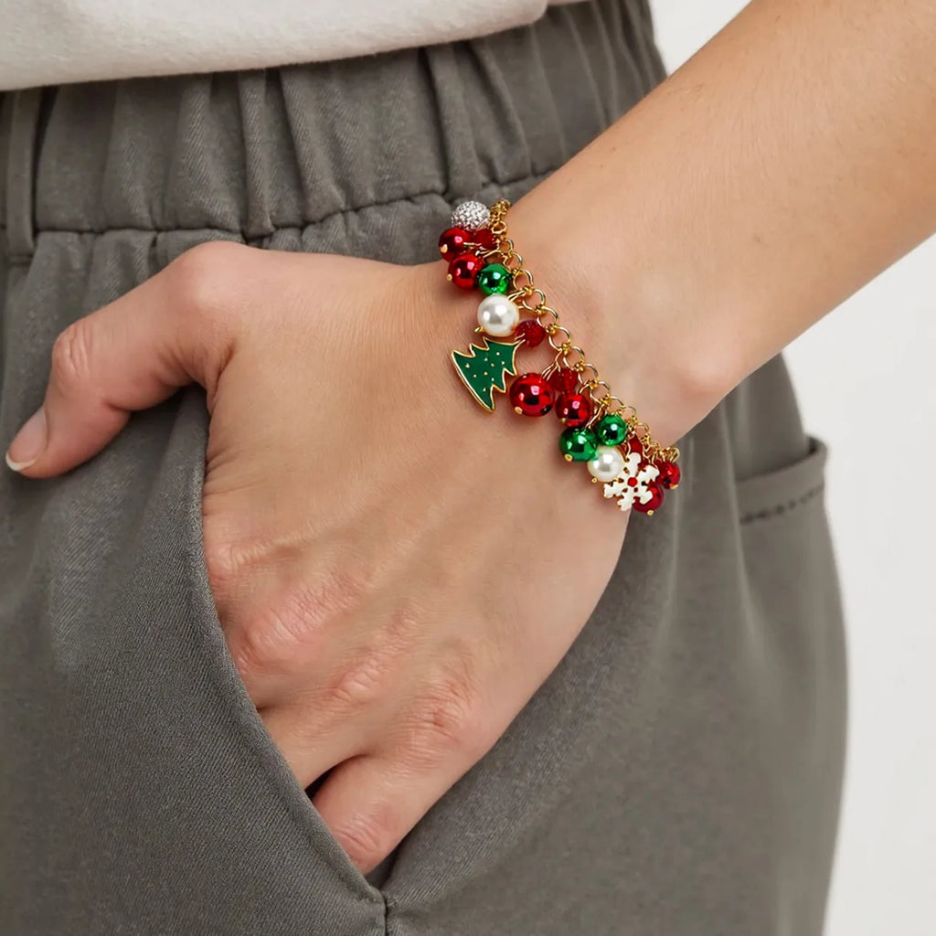 Christmas Bracelet Multi-Colored Rhinestone Bracelet Jingle Bell Beaded Bracelets for Women Christmas Party Jewelry Gift