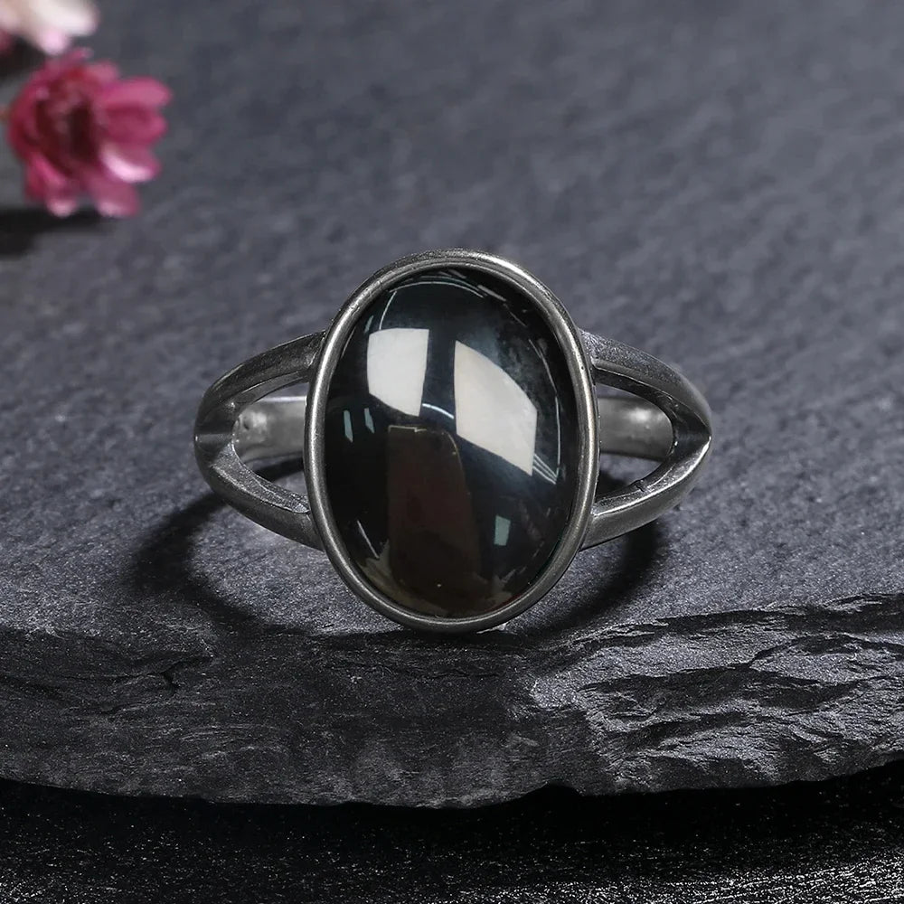 Vintage 925 Silver Ring Natural Black Onyx Ring Circular Denier Type Horse Eye Design Gift Fine Jewelry Black Ring For Men Women