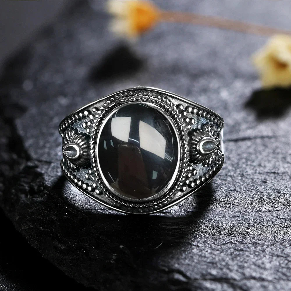 Vintage 925 Silver Ring Natural Black Onyx Ring Circular Denier Type Horse Eye Design Gift Fine Jewelry Black Ring For Men Women