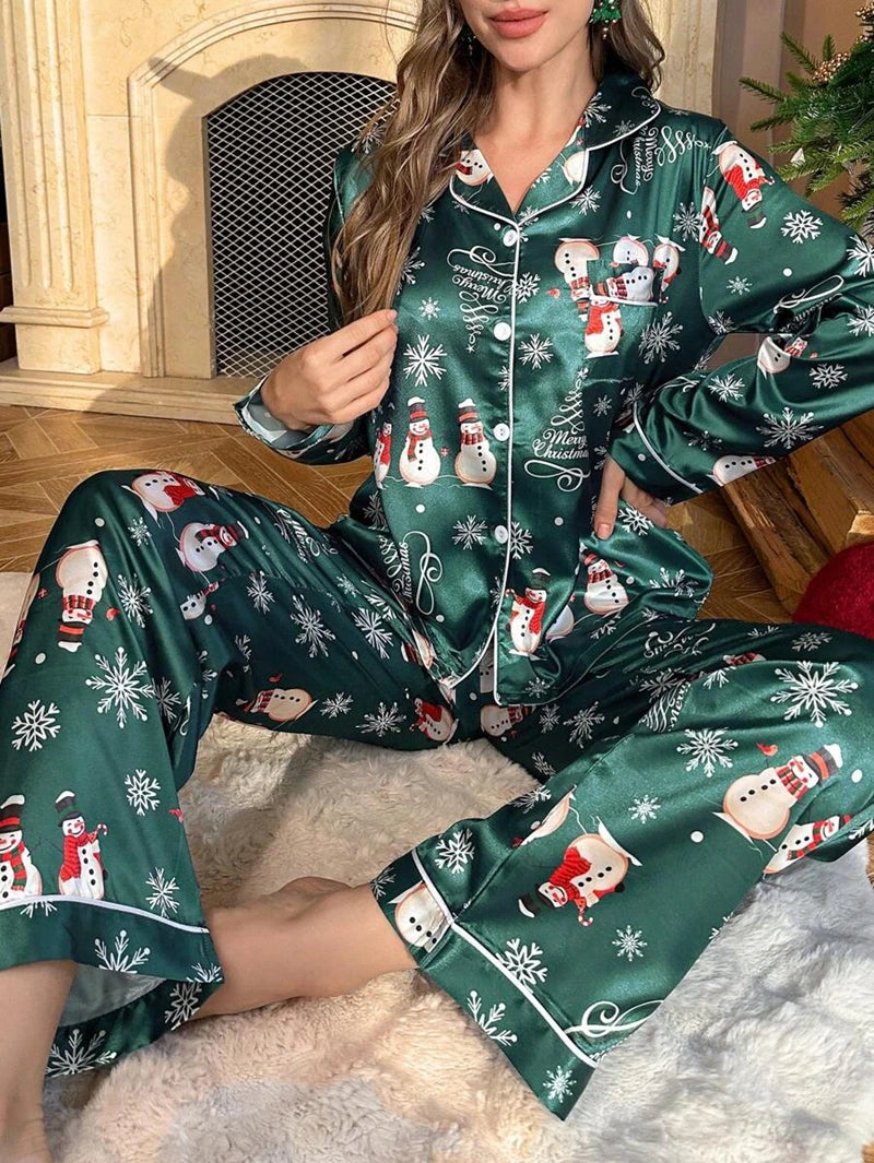 Snowman Print Satin Pajama Set Long-Sleeve Lapel Top And Pants Cute Pattern Soft And Smooth Touch Ideal For Christmas Outfits