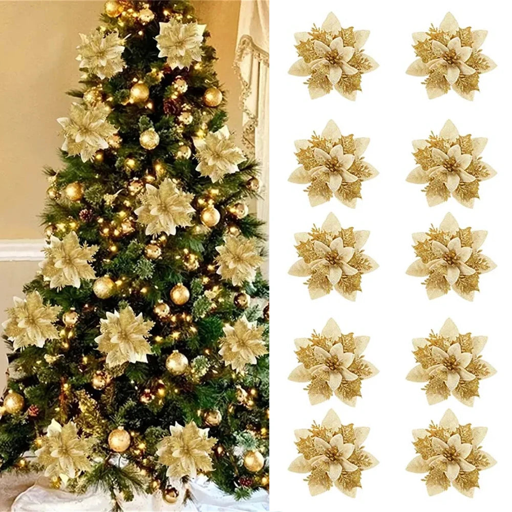 Christmas Glitter Flower Ornaments 5/10pcs