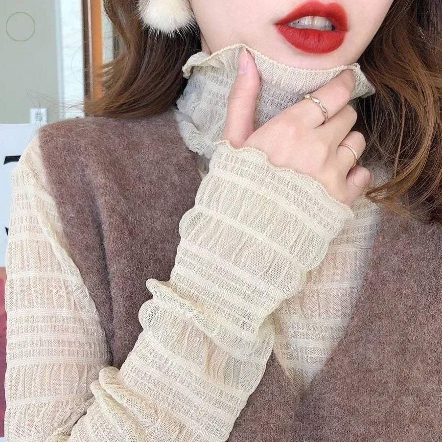 Sexy Lace Women Blouses Pullover Spring Autumn Thin Slim Fit T-Shirt Solid Turtleneck Long Sleeve See-though Mesh Sheer Tops