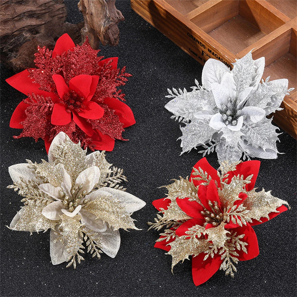 Christmas Glitter Flower Ornaments 5/10pcs