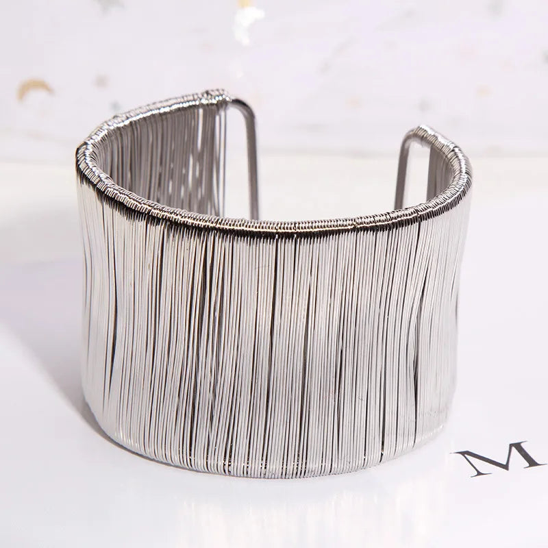 Punk Multilayer Metal Wires Strings Bracelets Bangles For Women Vintage Exaggerated Gold Color Wide Open Cuff Bangles Jewelry