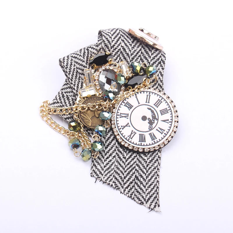 Steampunk Vintage Clock Brooch Rhinestone Coin & Chain Embellished Pin with Cloth Fabric