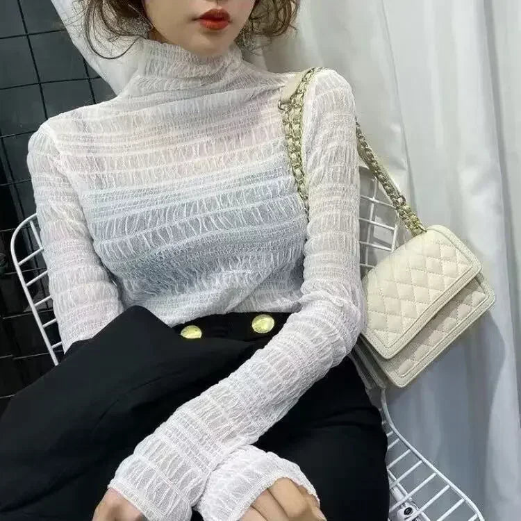 Sexy Lace Women Blouses Pullover Spring Autumn Thin Slim Fit T-Shirt Solid Turtleneck Long Sleeve See-though Mesh Sheer Tops