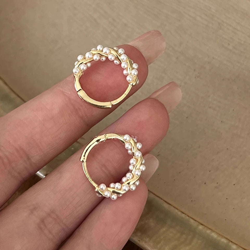 Yupsk French Imitation Pearl Circle Earring Small Round Hoop Earrings For Women Exquisite Texture Earrings Jewelry Girls Gift